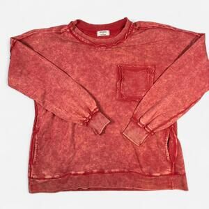 Zenana Acid Wash Pullover Womens Small Red French Terry Pocket